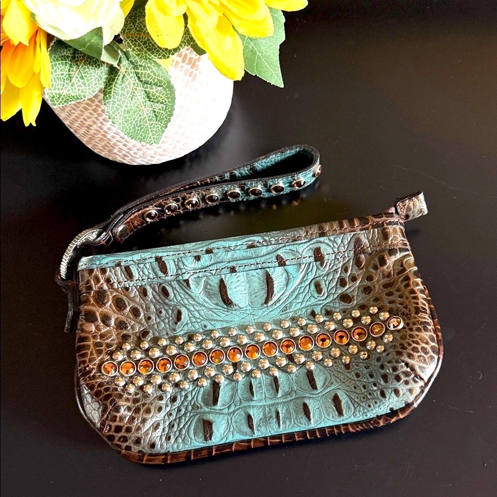 Elegant Turquoise and Brown Studded Wristlet